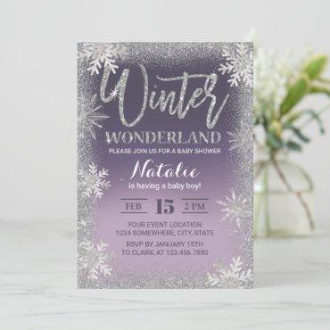 Snowflakes Winter Wonderland Purple Baby Shower Invitation