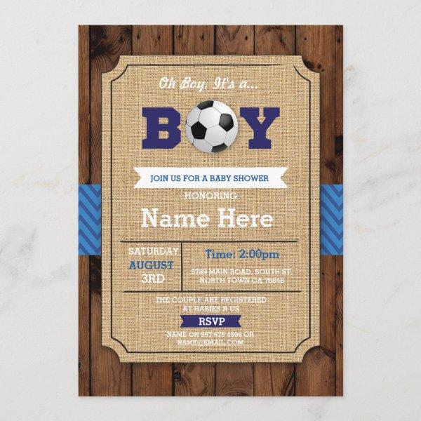 Soccer Baby Shower Boy Blue Wood Football Invite