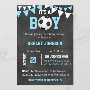 Soccer It's a Boy Baby Shower Chalkboard Blue Boy Invitation