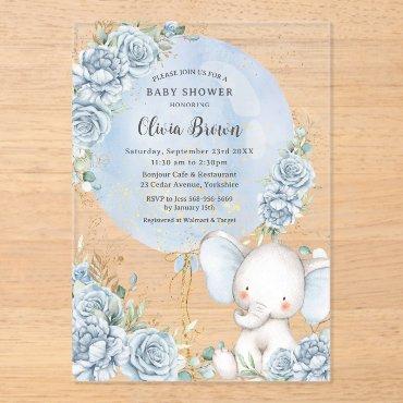 Soft Blue Floral Balloon Elephant Boy Baby Shower Acrylic