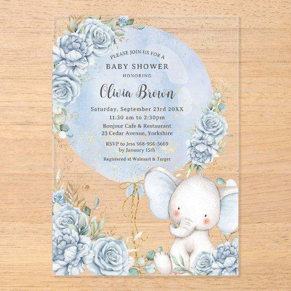 Soft Blue Floral Balloon Elephant Boy Baby Shower Acrylic