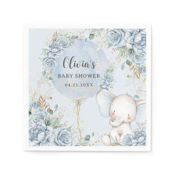 Soft Blue Floral Balloon Elephant Boy Baby Shower Napkins