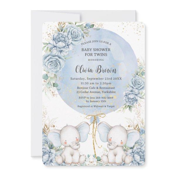 Soft Blue Floral Cute Elephants Twins