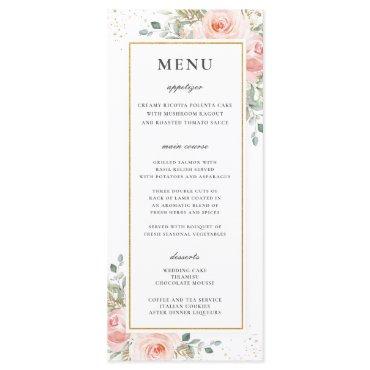 Soft Blush Pink Floral Gold Leafy Wedding Menu