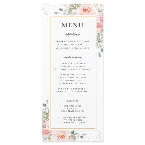Soft Blush Pink Floral Gold Leafy Wedding Menu