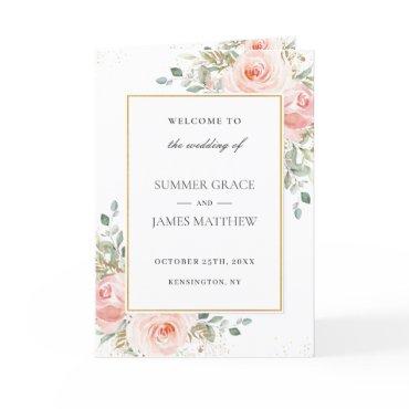 Soft Blush Pink Floral Gold Leafy Wedding Program