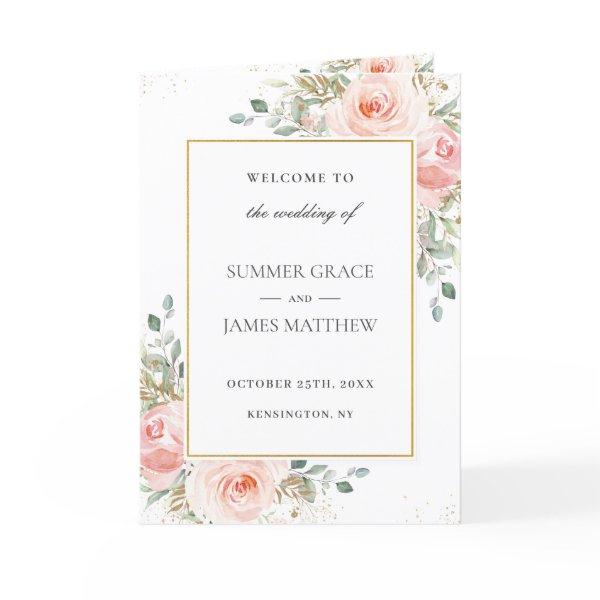 Soft Blush Pink Floral Gold Leafy Wedding Program