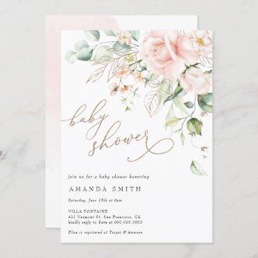 Soft Pastel Blush Floral Pink Glitter Baby Shower Invitation