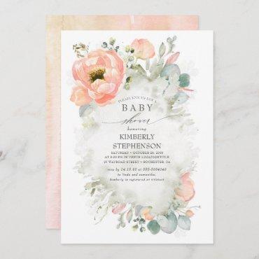 Soft Peach Flowers Elegant Spring Baby Shower Invitation