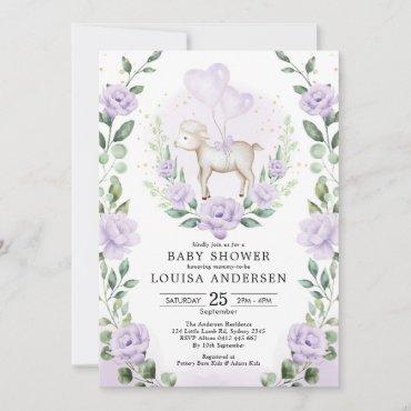 Soft Purple Flower Lamb Baby Shower Spring Garden Invitation