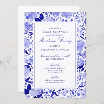 Sophisticated Royal Blue Floral Baby Shower Invitation