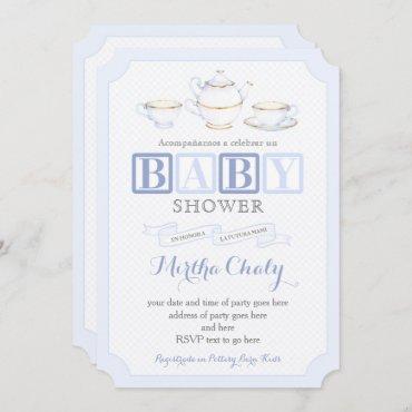 Spanish Baby Shower Tea Invites for Boy in Blues