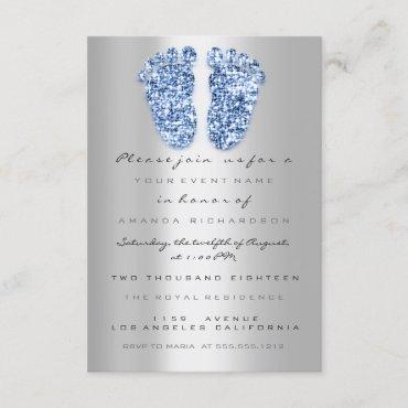 Spark Glitter Baby Shower Feet Blue Silver Invitation