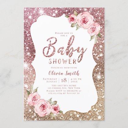 Sparkle rose gold glitter and floral baby shower invitation