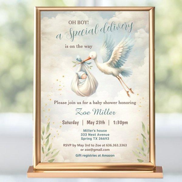 Special Delivery Blue Vintage Stork
