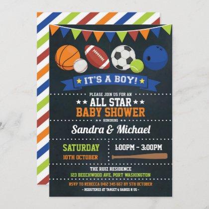 Sports All Star Baby Shower Basketball Rugby Invitation