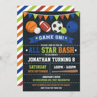 Sports All Star Birthday Baseball Basketball Party Invitation