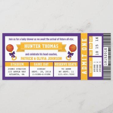 Sports Ticket Baby Shower Invitation, Purple, Gold Invitation