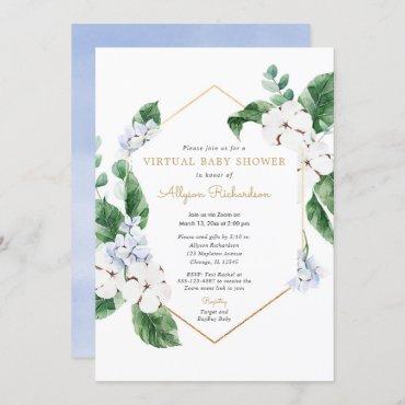 Spring floral Virtual Baby Shower blue white gold Invitation