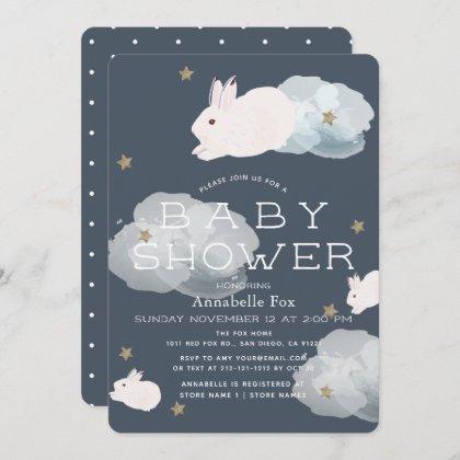 Stars & Clouds Flying Bunny Baby Shower Invitation