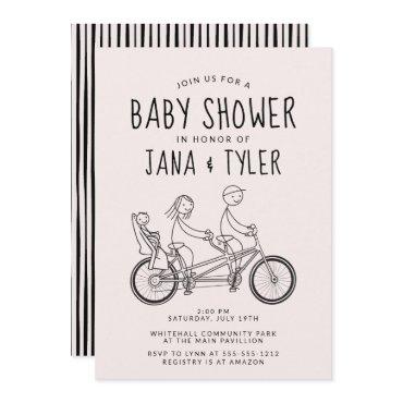 Stick figures on tandem bike with baby seat