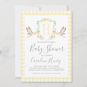 Stork Baby Shower Preppy Gingham Neutral Yellow