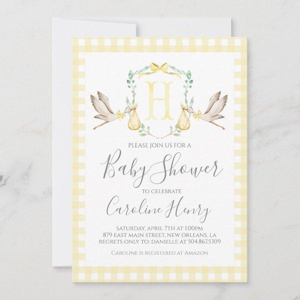 Stork Baby Shower Preppy Gingham Neutral Yellow
