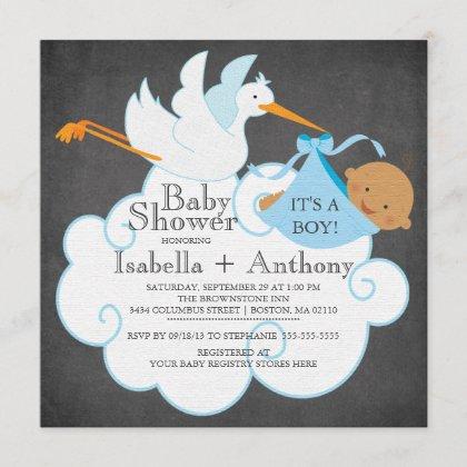 Stork Chalkboard African American Boy Baby Shower Invitation