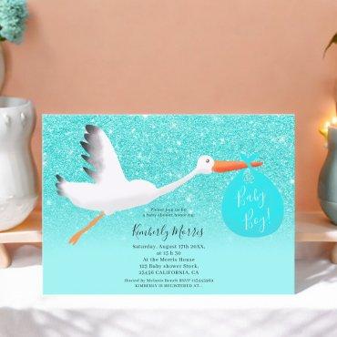 Stork glitter bag illustration baby boy shower