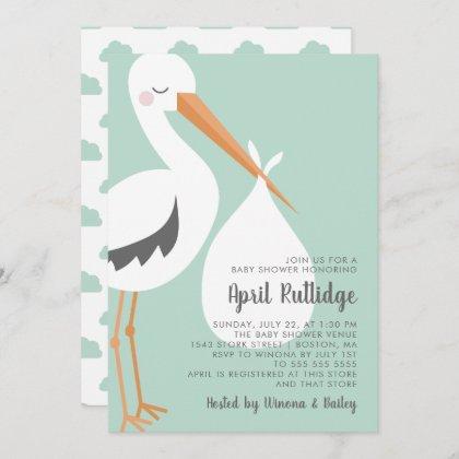 Stork Illustration - Green & White Baby Shower Invitation