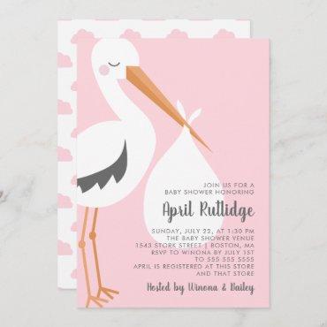 Stork Illustration - Pink & White Baby Shower Invitation