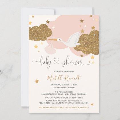 Stork Pink and Gold Glitter Girl Baby Shower  Invitation