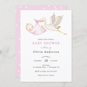 Stork Pink Baby Shower Invitation