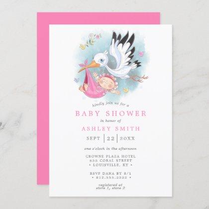 Stork Pink Watercolor Bird Modern Girl Baby Shower Invitation