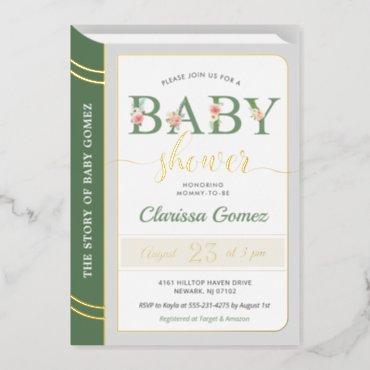 Storybook Book Cover Baby Boy Shower Green Gold Foil