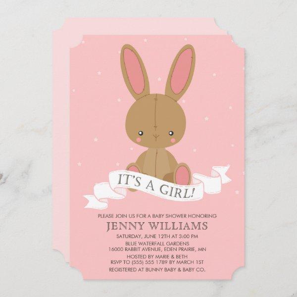 Stuffed Brown Bunny Rabbit Girl Baby Shower Invite