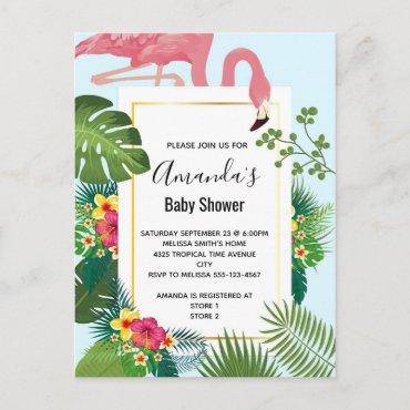 Stylish Pink Flamingo and Tropical Leaves  Postcard