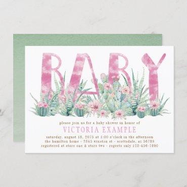 Succulent Cactus Watercolor Baby Girl Shower Invitation