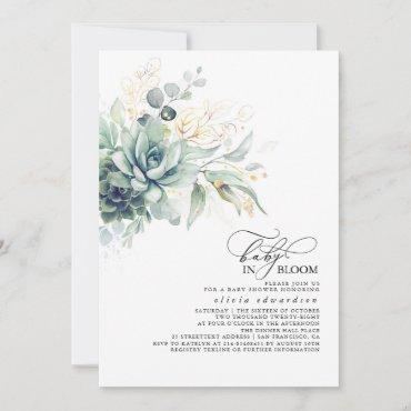 Succulents Greenery Gold Leaves Boho Baby Shower Invitation