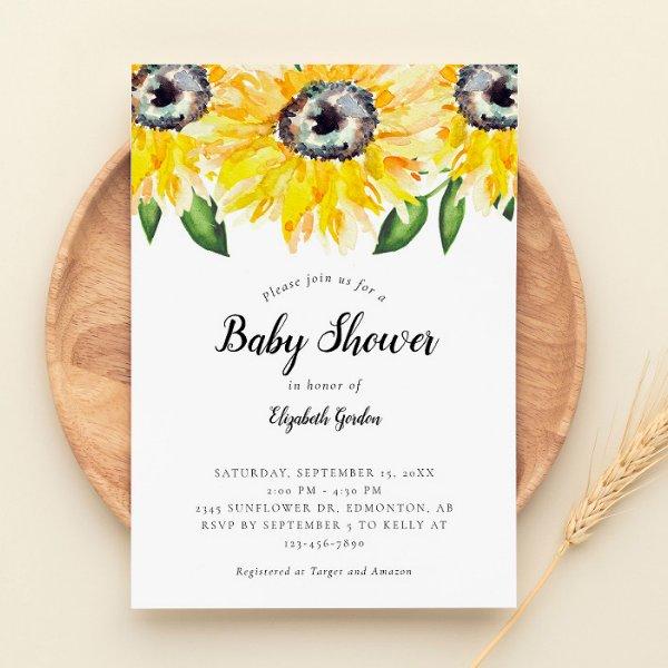 Sunflower Baby Shower Elegant Script Watercolor