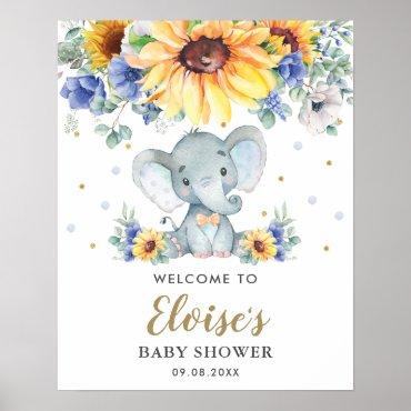 Sunflower Blue Floral Elephant Baby Shower Welcome Poster