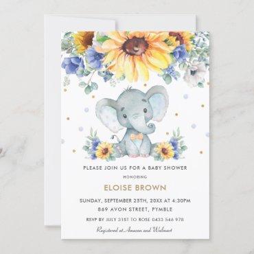 Sunflower Blue Floral Elephant Boy Baby Shower   Invitation