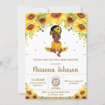 Sunflower Cute African American Girl Baby Shower Invitation