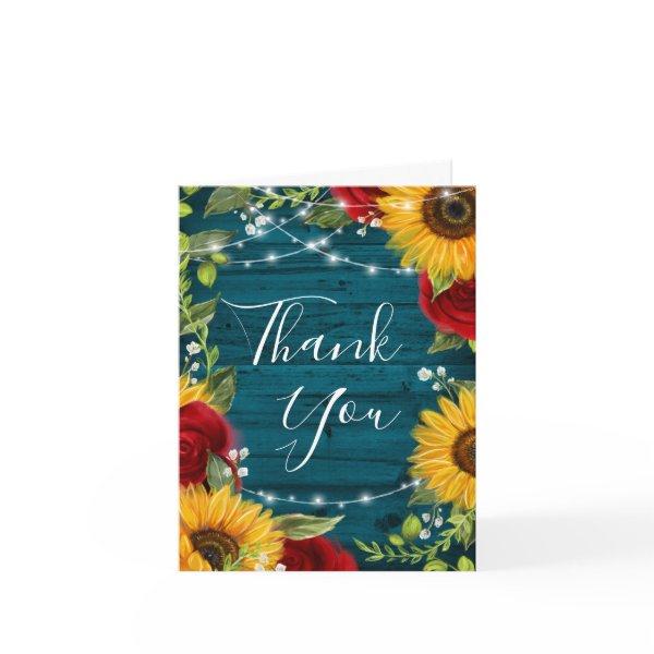 Sunflower Red Rose Teal Rustic Wood Folded Wedding Thank You Card