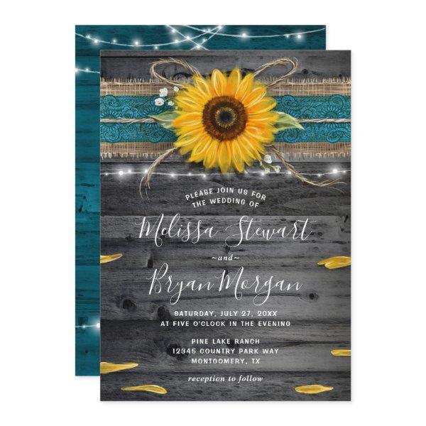 Sunflower Teal Burlap Lace Rustic Wood Wedding