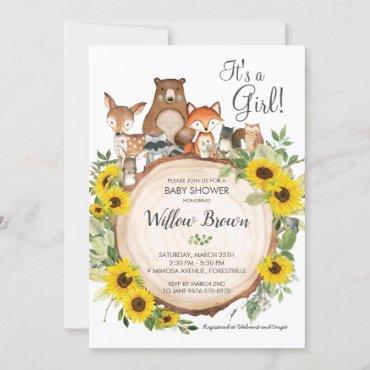 Sunflower Woodland Animals Baby Shower Girl Invitation