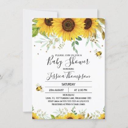Sunflowers And Bees Baby Shower Invitation