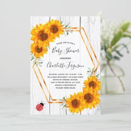 Sunflowers Baby Shower rustic gold geo ladybug Invitation