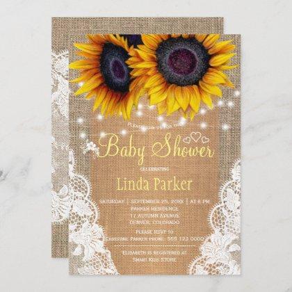 Sunflowers burlap and lace autumn baby shower invitation