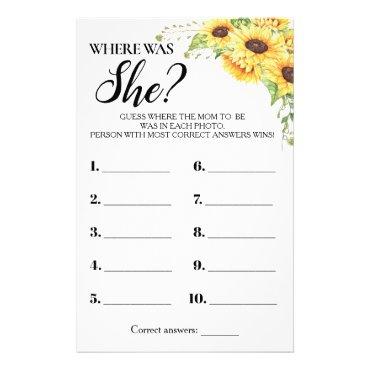 Sunflowers Where Was She Baby Shower Game Card Flyer